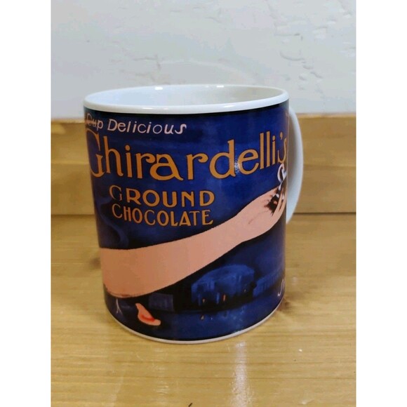 Vtg 1997 GHIRARDELLI’S GROUND CHOCOLATE Oversized 4x4" COFFEE MUG Art Deco Print - Picture 1 of 9